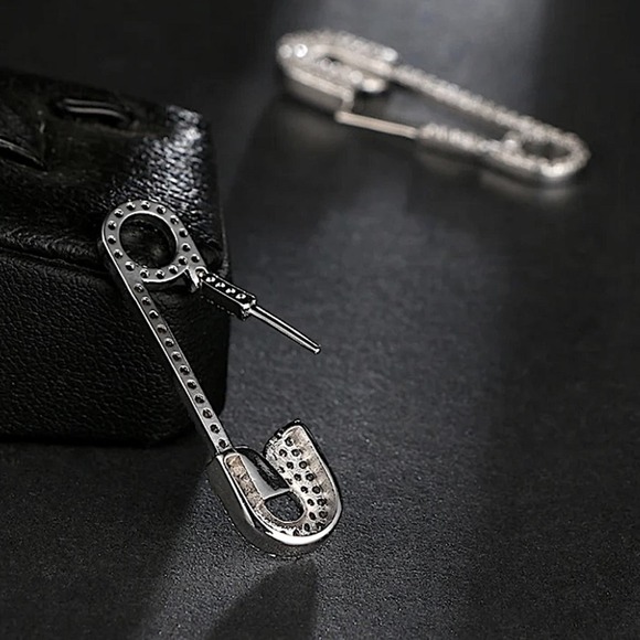 Silver Rhinestone Safety Pin Earrings, Minimalist - Picture 3 of 6